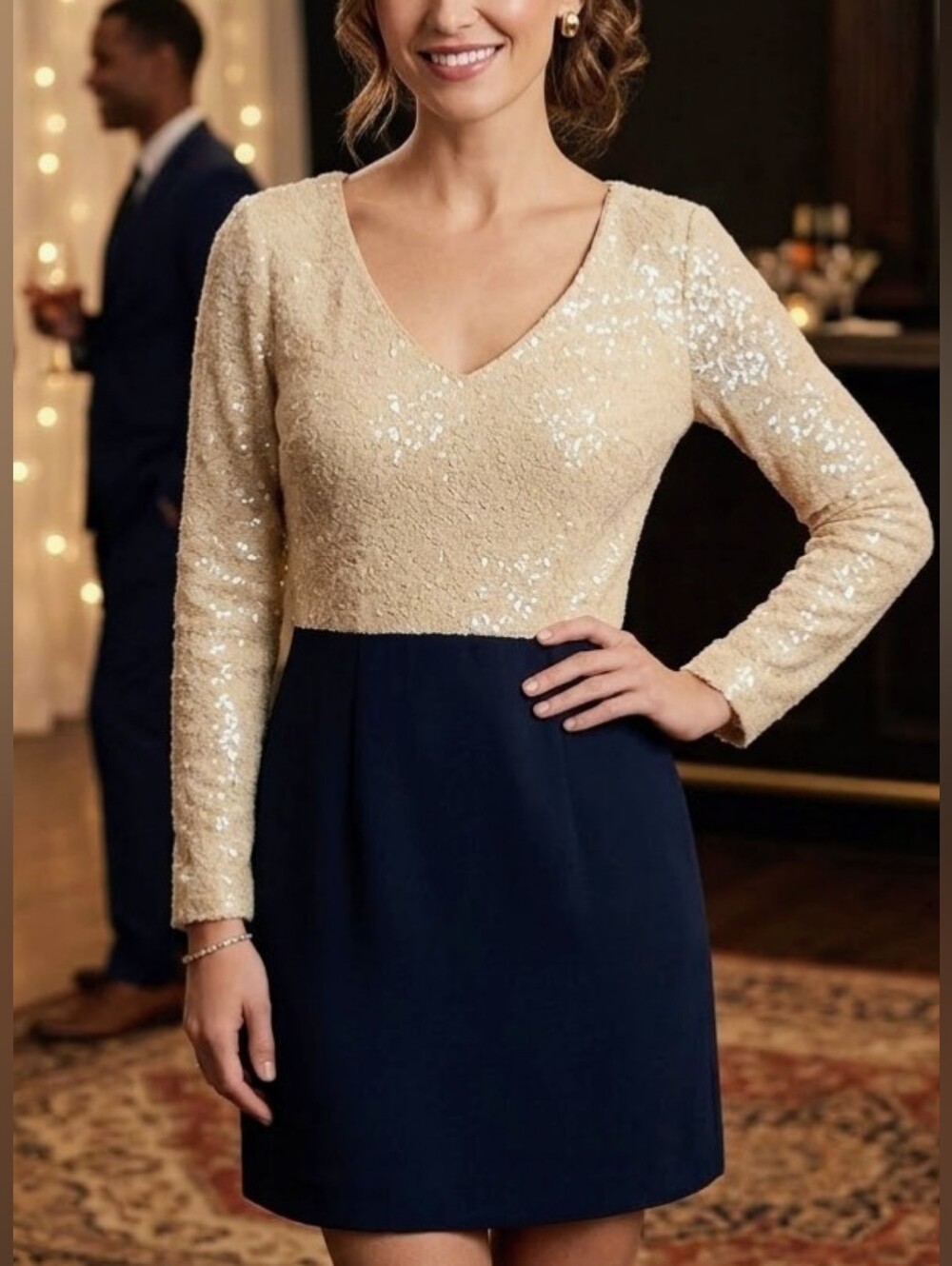 Dress the Population Two-Tone Sequin V-Neck Long Sleeve Dress in Black-Ivory.